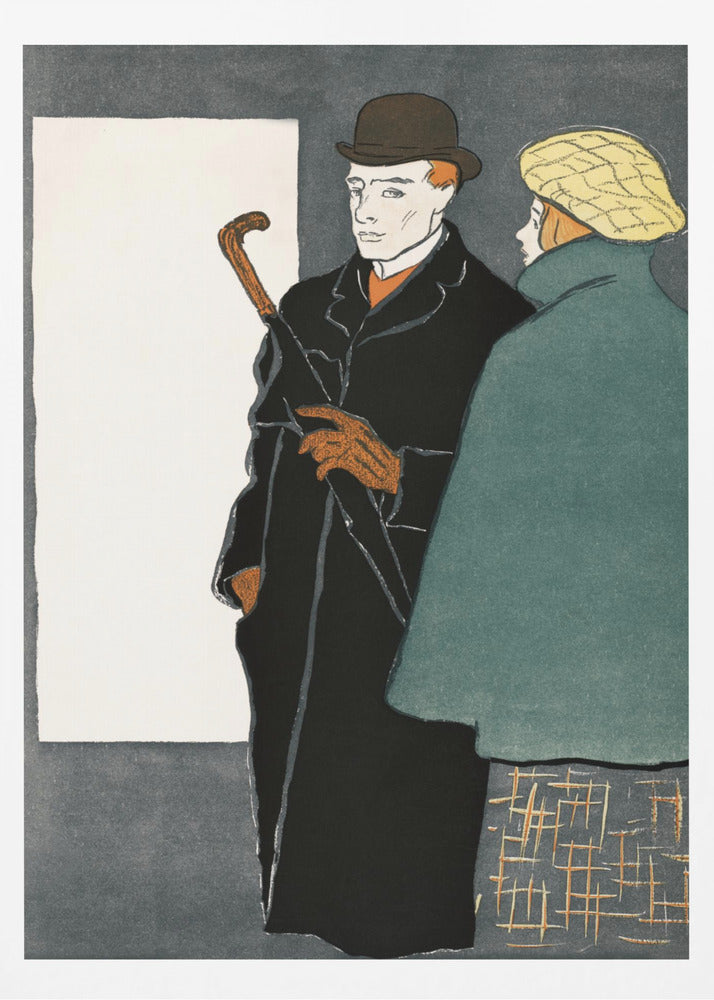 A vintage-style graphic illustration of a man and a woman. The man in the foreground wears a black overcoat, a brown bowler hat, and orange gloves while holding a closed umbrella. To his right, a woman is seen from behind, wearing a green coat and a yellow patterned cap. The background is a dark grey with a large white rectangle on the left. Wall Art