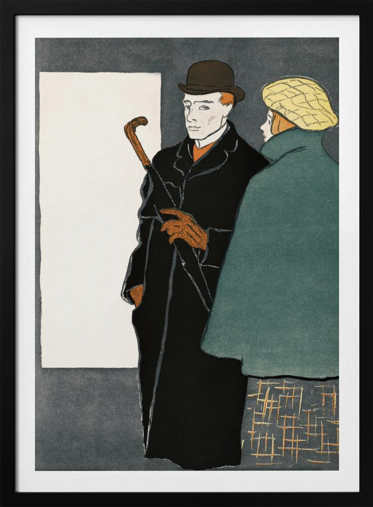 A vintage-style graphic illustration of a man and a woman. The man in the foreground wears a black overcoat, a brown bowler hat, and orange gloves while holding a closed umbrella. To his right, a woman is seen from behind, wearing a green coat and a yellow patterned cap. The background is a dark grey with a large white rectangle on the left. Wall Art