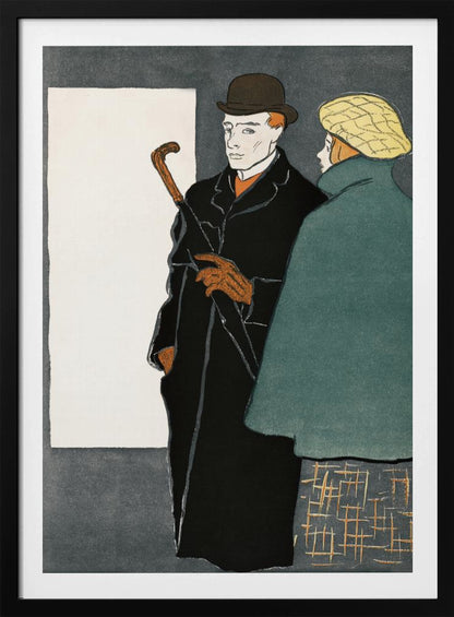 A vintage-style graphic illustration of a man and a woman. The man in the foreground wears a black overcoat, a brown bowler hat, and orange gloves while holding a closed umbrella. To his right, a woman is seen from behind, wearing a green coat and a yellow patterned cap. The background is a dark grey with a large white rectangle on the left. Wall Art