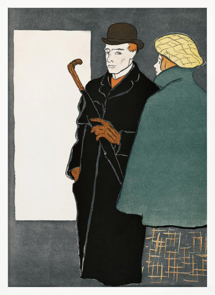 A vintage-style graphic illustration of a man and a woman. The man in the foreground wears a black overcoat, a brown bowler hat, and orange gloves while holding a closed umbrella. To his right, a woman is seen from behind, wearing a green coat and a yellow patterned cap. The background is a dark grey with a large white rectangle on the left. Wall Art
