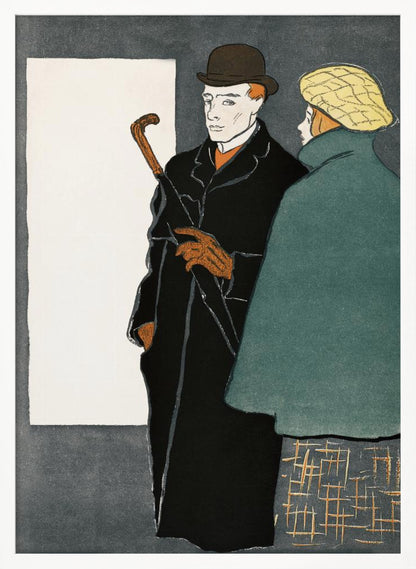 A vintage-style graphic illustration of a man and a woman. The man in the foreground wears a black overcoat, a brown bowler hat, and orange gloves while holding a closed umbrella. To his right, a woman is seen from behind, wearing a green coat and a yellow patterned cap. The background is a dark grey with a large white rectangle on the left. Wall Art