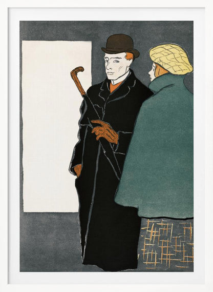 A vintage-style graphic illustration of a man and a woman. The man in the foreground wears a black overcoat, a brown bowler hat, and orange gloves while holding a closed umbrella. To his right, a woman is seen from behind, wearing a green coat and a yellow patterned cap. The background is a dark grey with a large white rectangle on the left. Wall Art
