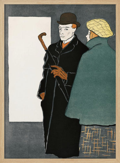 A vintage-style graphic illustration of a man and a woman. The man in the foreground wears a black overcoat, a brown bowler hat, and orange gloves while holding a closed umbrella. To his right, a woman is seen from behind, wearing a green coat and a yellow patterned cap. The background is a dark grey with a large white rectangle on the left. Wall Art