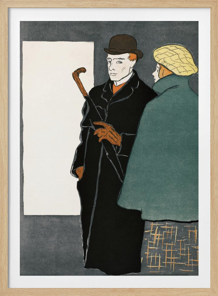 A vintage-style graphic illustration of a man and a woman. The man in the foreground wears a black overcoat, a brown bowler hat, and orange gloves while holding a closed umbrella. To his right, a woman is seen from behind, wearing a green coat and a yellow patterned cap. The background is a dark grey with a large white rectangle on the left. Wall Art