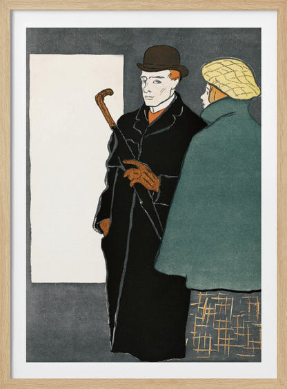 A vintage-style graphic illustration of a man and a woman. The man in the foreground wears a black overcoat, a brown bowler hat, and orange gloves while holding a closed umbrella. To his right, a woman is seen from behind, wearing a green coat and a yellow patterned cap. The background is a dark grey with a large white rectangle on the left. Wall Art