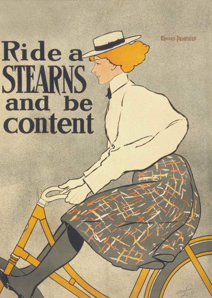 A vintage advertisement poster by Edward Penfield for Stearns bicycles. The poster features a woman with orange-blonde hair and a white hat riding a yellow bicycle. The text on the left says 'Ride a STEARNS and be content'. Decor