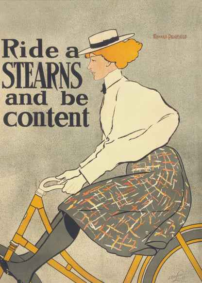 A vintage advertisement poster by Edward Penfield for Stearns bicycles. The poster features a woman with orange-blonde hair and a white hat riding a yellow bicycle. The text on the left says 'Ride a STEARNS and be content'. Decor