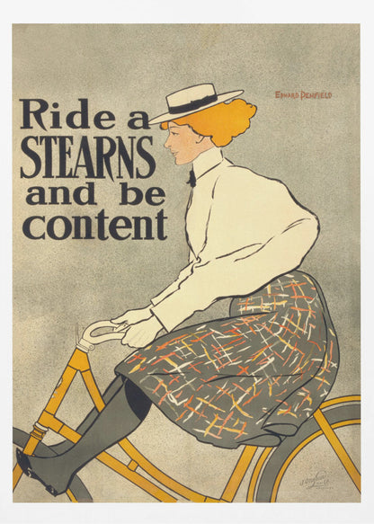 A vintage advertisement poster by Edward Penfield for Stearns bicycles. The poster features a woman with orange-blonde hair and a white hat riding a yellow bicycle. The text on the left says 'Ride a STEARNS and be content'. Decor