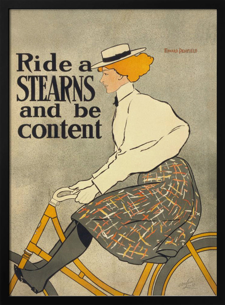 A vintage advertisement poster by Edward Penfield for Stearns bicycles. The poster features a woman with orange-blonde hair and a white hat riding a yellow bicycle. The text on the left says 'Ride a STEARNS and be content'. Decor