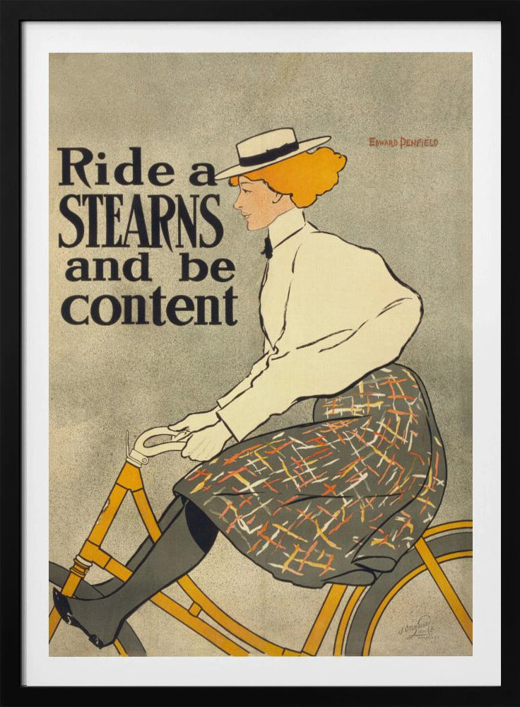 A vintage advertisement poster by Edward Penfield for Stearns bicycles. The poster features a woman with orange-blonde hair and a white hat riding a yellow bicycle. The text on the left says 'Ride a STEARNS and be content'. Decor