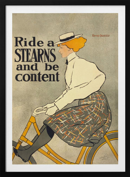 A vintage advertisement poster by Edward Penfield for Stearns bicycles. The poster features a woman with orange-blonde hair and a white hat riding a yellow bicycle. The text on the left says 'Ride a STEARNS and be content'. Decor
