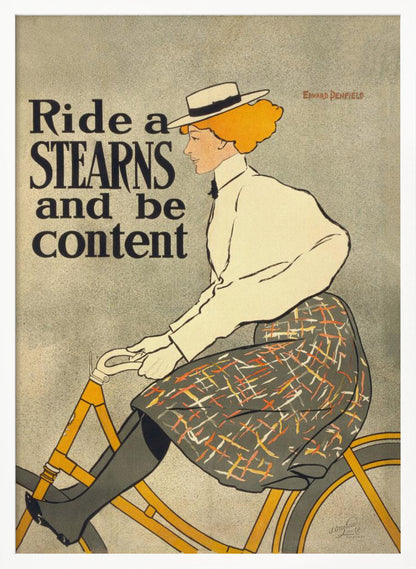 A vintage advertisement poster by Edward Penfield for Stearns bicycles. The poster features a woman with orange-blonde hair and a white hat riding a yellow bicycle. The text on the left says 'Ride a STEARNS and be content'. Decor