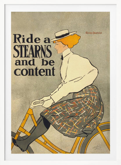 A vintage advertisement poster by Edward Penfield for Stearns bicycles. The poster features a woman with orange-blonde hair and a white hat riding a yellow bicycle. The text on the left says 'Ride a STEARNS and be content'. Decor
