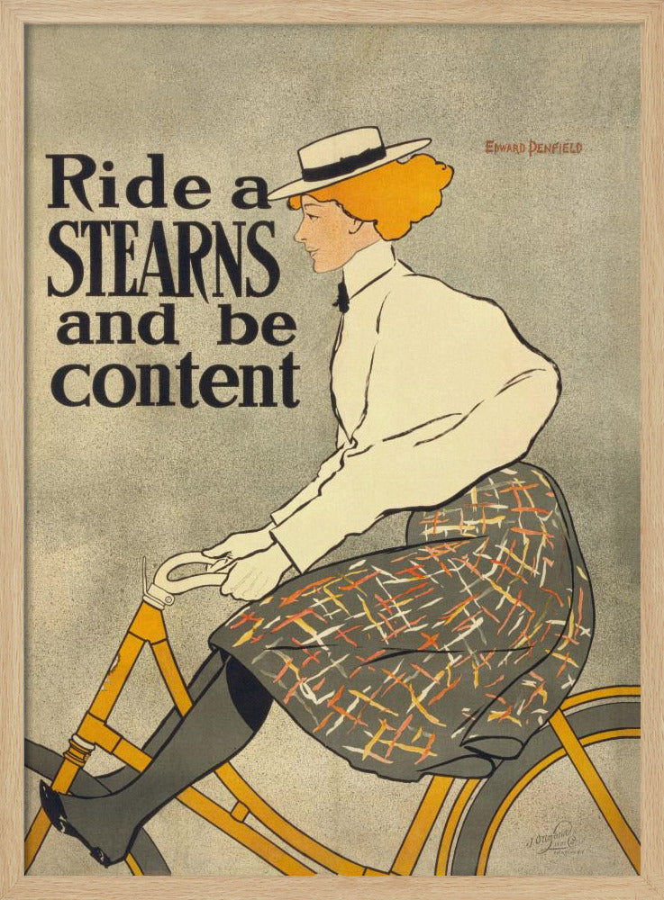 A vintage advertisement poster by Edward Penfield for Stearns bicycles. The poster features a woman with orange-blonde hair and a white hat riding a yellow bicycle. The text on the left says 'Ride a STEARNS and be content'. Decor