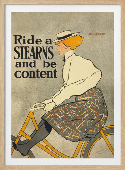 A vintage advertisement poster by Edward Penfield for Stearns bicycles. The poster features a woman with orange-blonde hair and a white hat riding a yellow bicycle. The text on the left says 'Ride a STEARNS and be content'. Decor