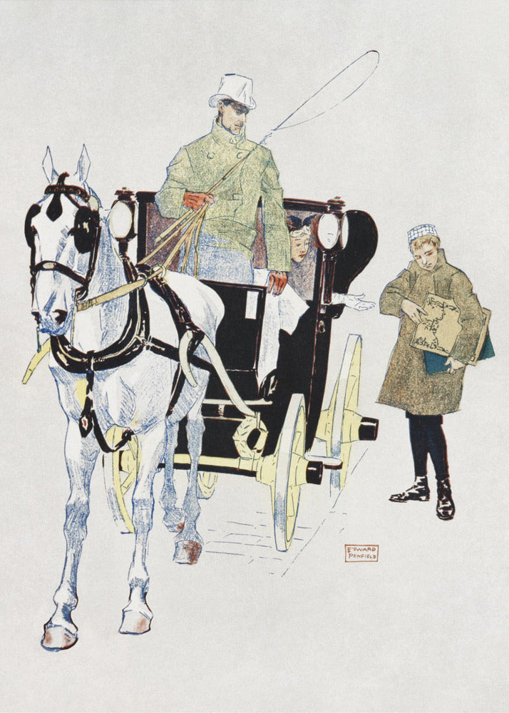 A vintage illustration by Edward Penfield of a white horse harnessed to a black carriage. A driver in a green coat and white top hat holds the reins, while a young boy in a coat stands beside them holding a large book or portfolio. Poster