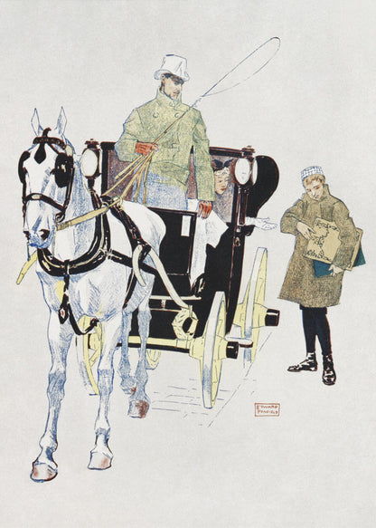 A vintage illustration by Edward Penfield of a white horse harnessed to a black carriage. A driver in a green coat and white top hat holds the reins, while a young boy in a coat stands beside them holding a large book or portfolio. Poster