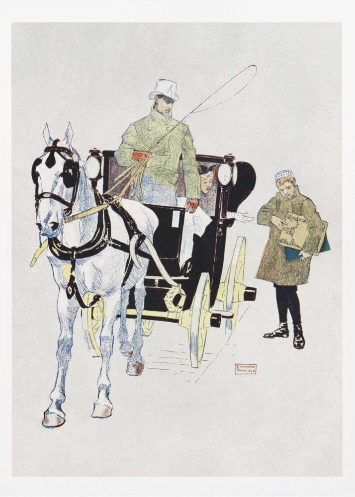 A vintage illustration by Edward Penfield of a white horse harnessed to a black carriage. A driver in a green coat and white top hat holds the reins, while a young boy in a coat stands beside them holding a large book or portfolio. Poster