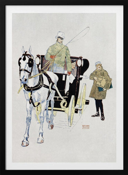 A vintage illustration by Edward Penfield of a white horse harnessed to a black carriage. A driver in a green coat and white top hat holds the reins, while a young boy in a coat stands beside them holding a large book or portfolio. Poster