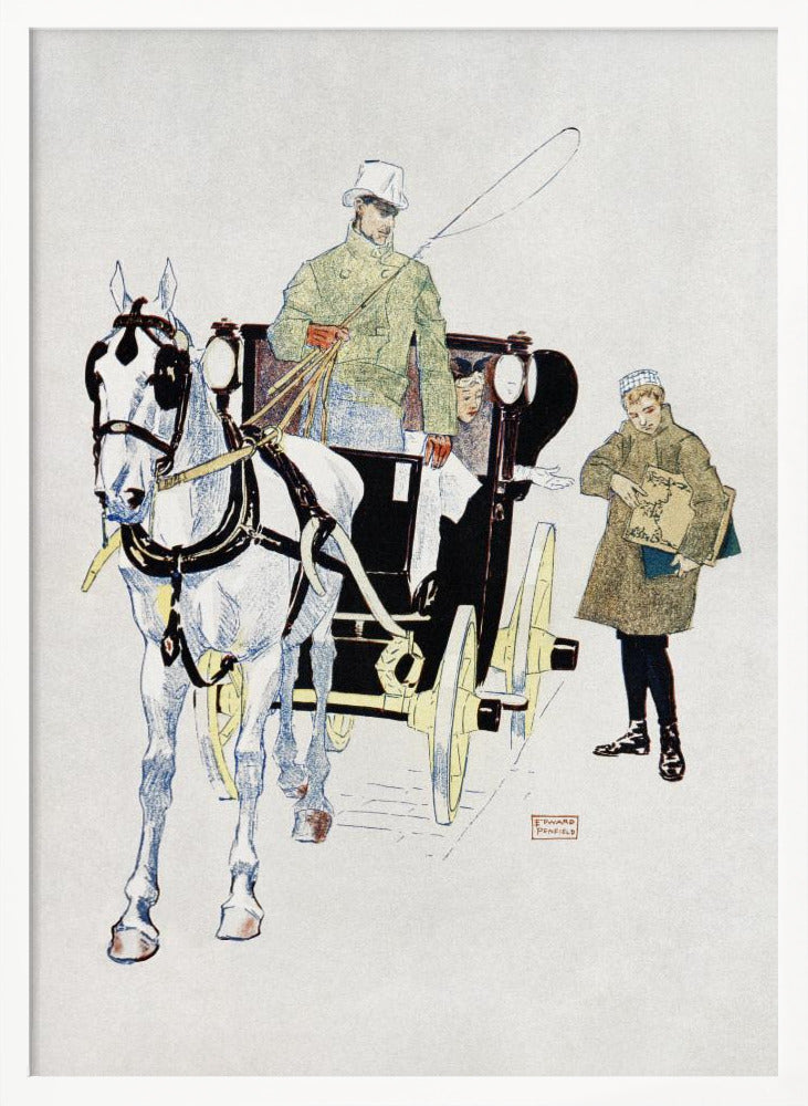 A vintage illustration by Edward Penfield of a white horse harnessed to a black carriage. A driver in a green coat and white top hat holds the reins, while a young boy in a coat stands beside them holding a large book or portfolio. Poster