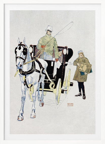 A vintage illustration by Edward Penfield of a white horse harnessed to a black carriage. A driver in a green coat and white top hat holds the reins, while a young boy in a coat stands beside them holding a large book or portfolio. Poster