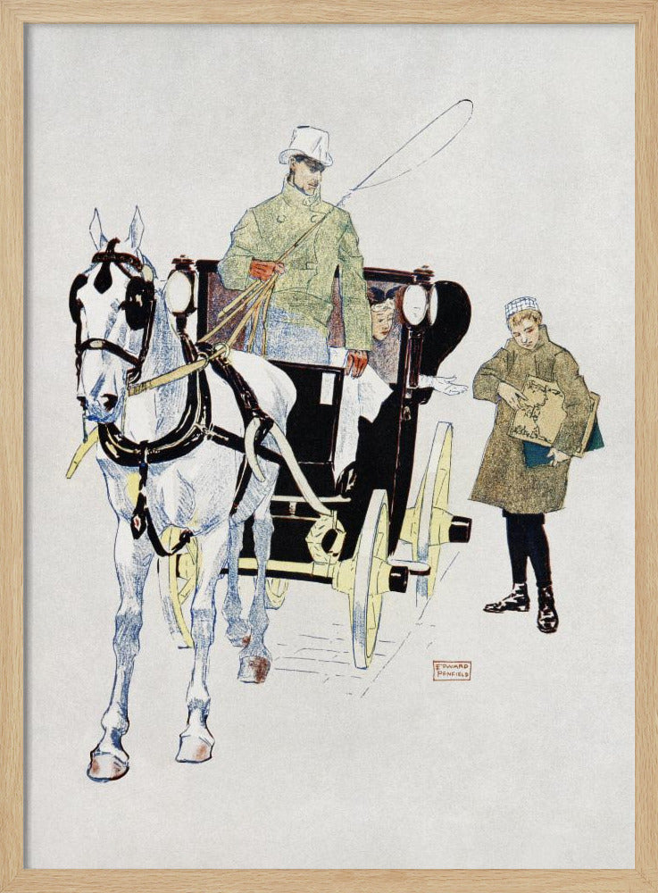 A vintage illustration by Edward Penfield of a white horse harnessed to a black carriage. A driver in a green coat and white top hat holds the reins, while a young boy in a coat stands beside them holding a large book or portfolio. Poster