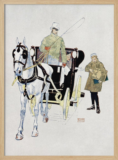 A vintage illustration by Edward Penfield of a white horse harnessed to a black carriage. A driver in a green coat and white top hat holds the reins, while a young boy in a coat stands beside them holding a large book or portfolio. Poster