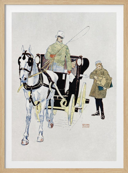A vintage illustration by Edward Penfield of a white horse harnessed to a black carriage. A driver in a green coat and white top hat holds the reins, while a young boy in a coat stands beside them holding a large book or portfolio. Poster