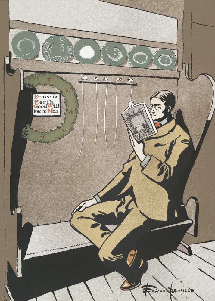 A vintage illustration by Edward Penfield showing a man in a tan suit and glasses relaxing in a high-backed chair while reading a book. A Christmas wreath with the message 'Peace on Earth GoodWill toward Men' hangs to his left, creating a quiet holiday scene. Artwork