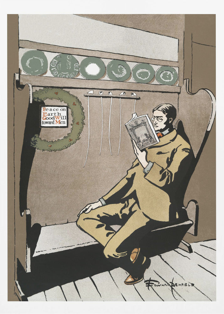A vintage illustration by Edward Penfield showing a man in a tan suit and glasses relaxing in a high-backed chair while reading a book. A Christmas wreath with the message 'Peace on Earth GoodWill toward Men' hangs to his left, creating a quiet holiday scene. Artwork