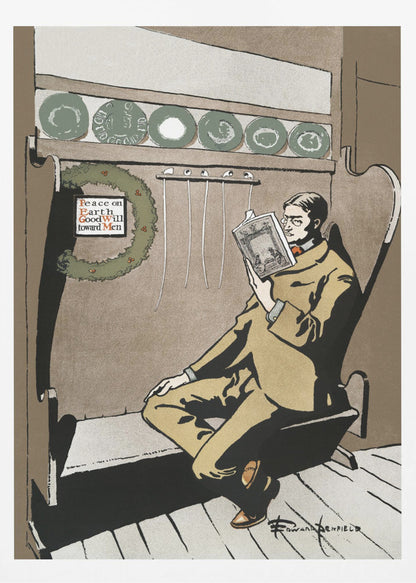 A vintage illustration by Edward Penfield showing a man in a tan suit and glasses relaxing in a high-backed chair while reading a book. A Christmas wreath with the message 'Peace on Earth GoodWill toward Men' hangs to his left, creating a quiet holiday scene. Artwork