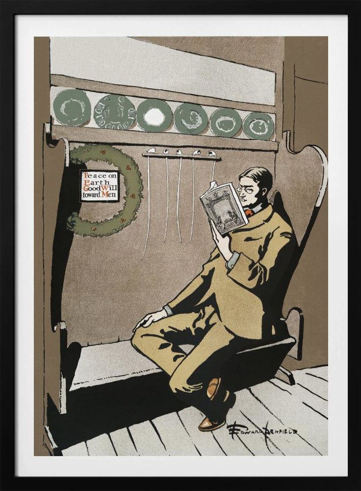 A vintage illustration by Edward Penfield showing a man in a tan suit and glasses relaxing in a high-backed chair while reading a book. A Christmas wreath with the message 'Peace on Earth GoodWill toward Men' hangs to his left, creating a quiet holiday scene. Artwork