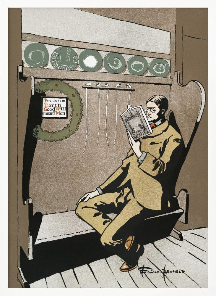A vintage illustration by Edward Penfield showing a man in a tan suit and glasses relaxing in a high-backed chair while reading a book. A Christmas wreath with the message 'Peace on Earth GoodWill toward Men' hangs to his left, creating a quiet holiday scene. Artwork