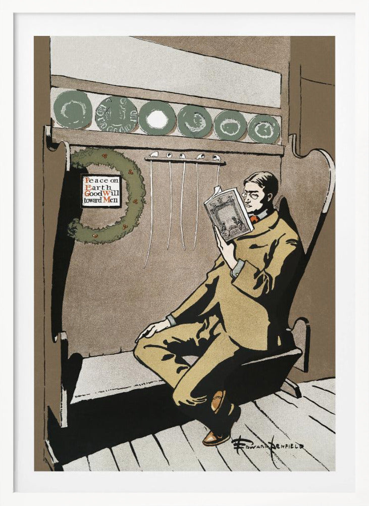 A vintage illustration by Edward Penfield showing a man in a tan suit and glasses relaxing in a high-backed chair while reading a book. A Christmas wreath with the message 'Peace on Earth GoodWill toward Men' hangs to his left, creating a quiet holiday scene. Artwork