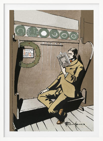 A vintage illustration by Edward Penfield showing a man in a tan suit and glasses relaxing in a high-backed chair while reading a book. A Christmas wreath with the message 'Peace on Earth GoodWill toward Men' hangs to his left, creating a quiet holiday scene. Artwork