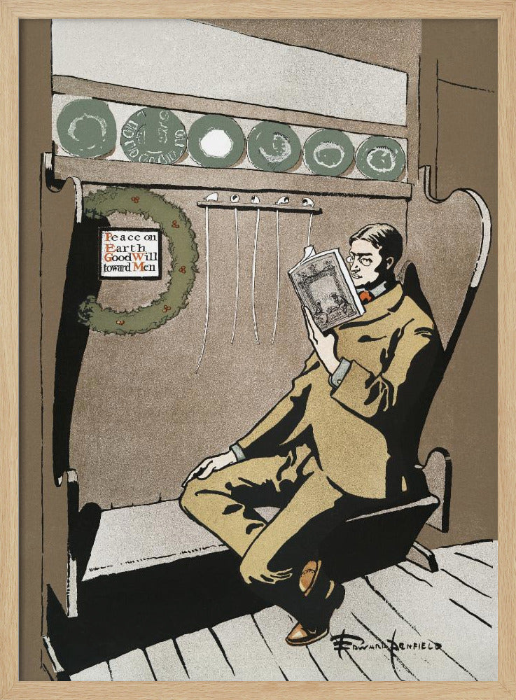 A vintage illustration by Edward Penfield showing a man in a tan suit and glasses relaxing in a high-backed chair while reading a book. A Christmas wreath with the message 'Peace on Earth GoodWill toward Men' hangs to his left, creating a quiet holiday scene. Artwork