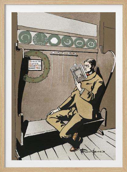 A vintage illustration by Edward Penfield showing a man in a tan suit and glasses relaxing in a high-backed chair while reading a book. A Christmas wreath with the message 'Peace on Earth GoodWill toward Men' hangs to his left, creating a quiet holiday scene. Artwork