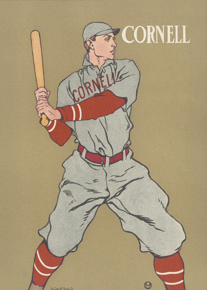 A vintage-style poster of a Cornell University baseball player at bat. The player is illustrated in a grey uniform with red sleeves and socks, holding a bat and ready to swing, against a solid tan background. The word 'CORNELL' is written in the top right and across the player's chest. Print
