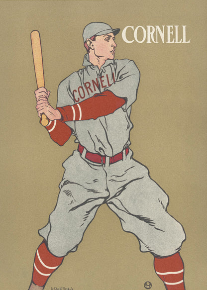 A vintage-style poster of a Cornell University baseball player at bat. The player is illustrated in a grey uniform with red sleeves and socks, holding a bat and ready to swing, against a solid tan background. The word 'CORNELL' is written in the top right and across the player's chest. Print