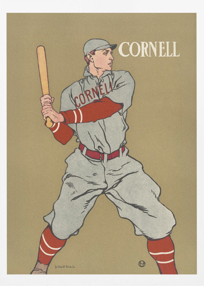 A vintage-style poster of a Cornell University baseball player at bat. The player is illustrated in a grey uniform with red sleeves and socks, holding a bat and ready to swing, against a solid tan background. The word 'CORNELL' is written in the top right and across the player's chest. Print