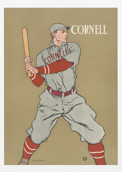 A vintage-style poster of a Cornell University baseball player at bat. The player is illustrated in a grey uniform with red sleeves and socks, holding a bat and ready to swing, against a solid tan background. The word 'CORNELL' is written in the top right and across the player's chest. Print