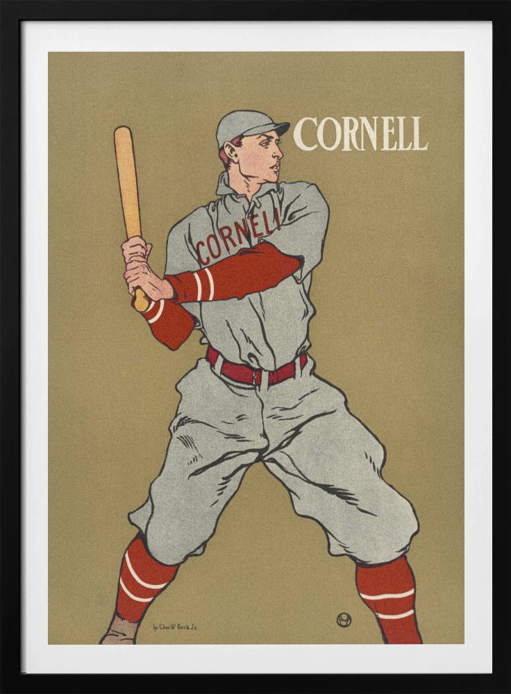 A vintage-style poster of a Cornell University baseball player at bat. The player is illustrated in a grey uniform with red sleeves and socks, holding a bat and ready to swing, against a solid tan background. The word 'CORNELL' is written in the top right and across the player's chest. Print