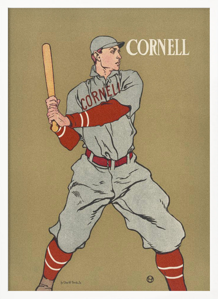 A vintage-style poster of a Cornell University baseball player at bat. The player is illustrated in a grey uniform with red sleeves and socks, holding a bat and ready to swing, against a solid tan background. The word 'CORNELL' is written in the top right and across the player's chest. Print