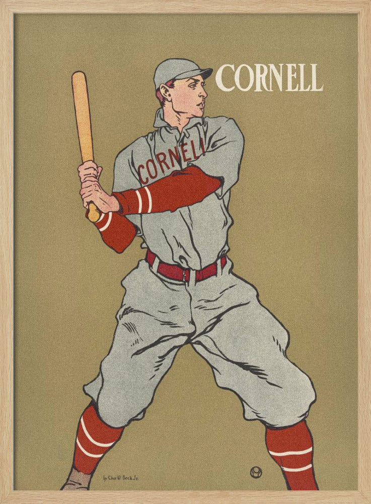 A vintage-style poster of a Cornell University baseball player at bat. The player is illustrated in a grey uniform with red sleeves and socks, holding a bat and ready to swing, against a solid tan background. The word 'CORNELL' is written in the top right and across the player's chest. Print