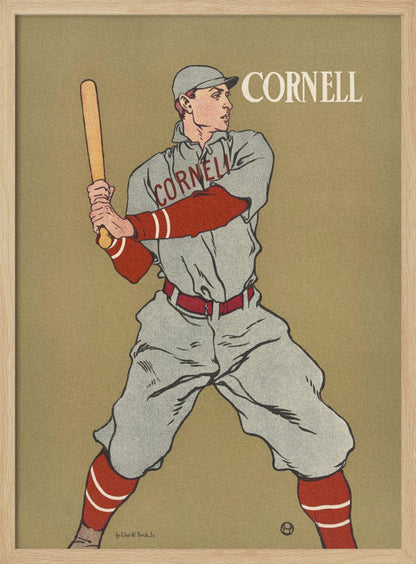 A vintage-style poster of a Cornell University baseball player at bat. The player is illustrated in a grey uniform with red sleeves and socks, holding a bat and ready to swing, against a solid tan background. The word 'CORNELL' is written in the top right and across the player's chest. Print