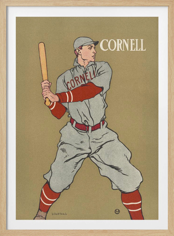 A vintage-style poster of a Cornell University baseball player at bat. The player is illustrated in a grey uniform with red sleeves and socks, holding a bat and ready to swing, against a solid tan background. The word 'CORNELL' is written in the top right and across the player's chest. Print