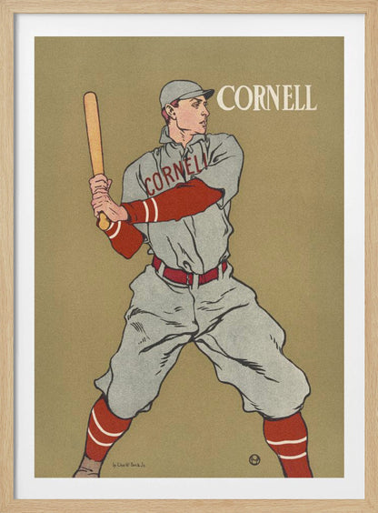 A vintage-style poster of a Cornell University baseball player at bat. The player is illustrated in a grey uniform with red sleeves and socks, holding a bat and ready to swing, against a solid tan background. The word 'CORNELL' is written in the top right and across the player's chest. Print