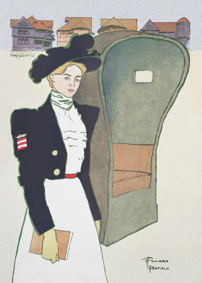 An Art Nouveau illustration by Edward Penfield depicting a stylish woman in a large black hat, a dark navy jacket with an American flag patch, and a long white skirt. She holds a book and stands next to a carriage, with stylized houses in the background. Artwork