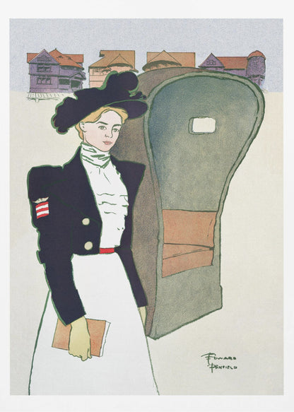 An Art Nouveau illustration by Edward Penfield depicting a stylish woman in a large black hat, a dark navy jacket with an American flag patch, and a long white skirt. She holds a book and stands next to a carriage, with stylized houses in the background. Artwork
