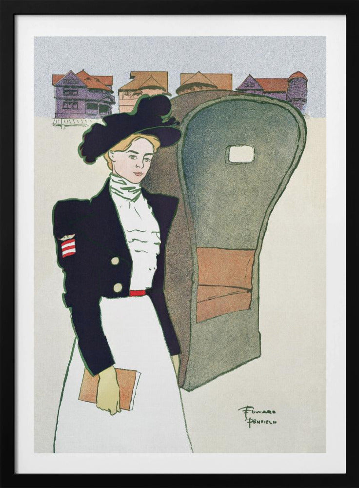 An Art Nouveau illustration by Edward Penfield depicting a stylish woman in a large black hat, a dark navy jacket with an American flag patch, and a long white skirt. She holds a book and stands next to a carriage, with stylized houses in the background. Artwork